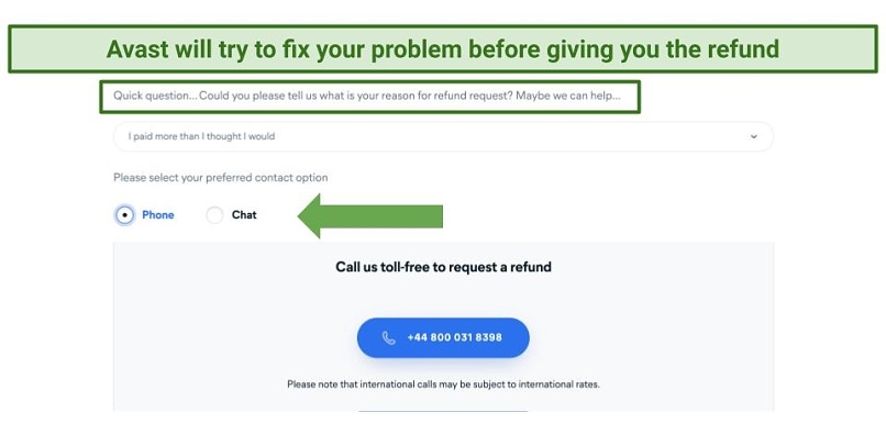 Screenshot of Avast SecureLine's refund request page
