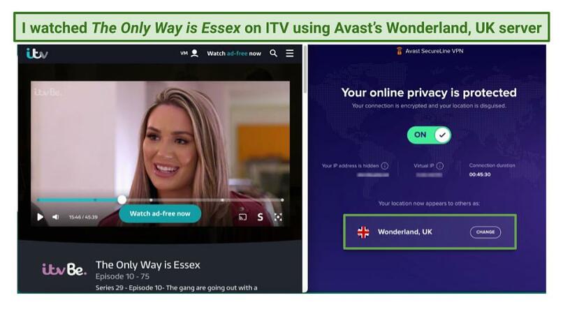Screenshot of streaming the Only Way is Essex on ITV using Avast SecureLine's Wonderland server