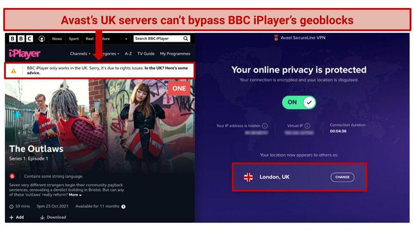 Screenshot of an error message on BBC iPlayer using Avast SecureLine VPN
