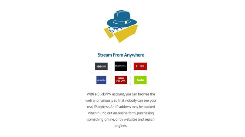 A screenshot from SlickVPN's website showing the logos of some of the popular streaming platforms