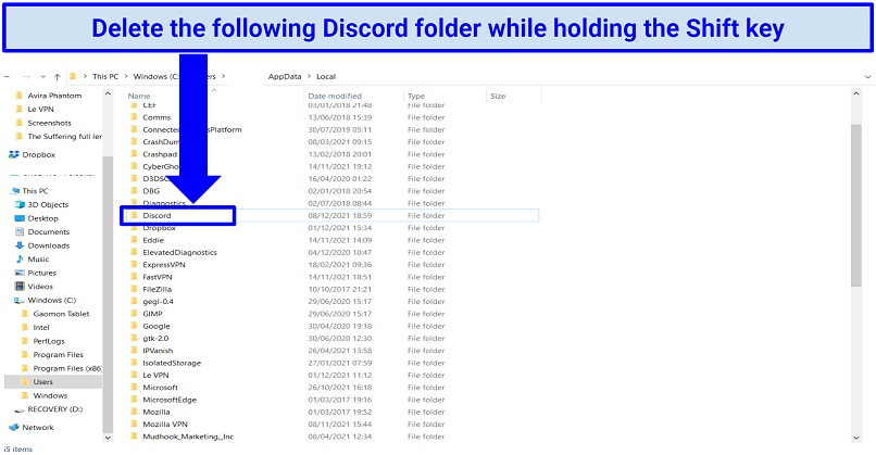 screenshot showing how to delete Discord from your C drive