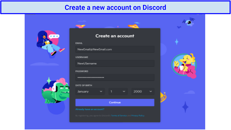 Graphic showing how to create a new account on Discord