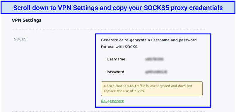 Screenshot of PIA’s SOCKS5 proxy credentials