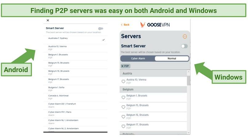 Screenshots showing server list on both Android and Windows.