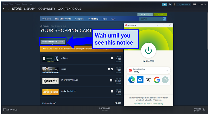 A screenshot of a Steam shopping cart with the notice 