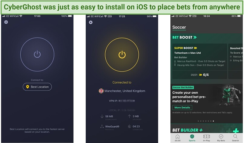 Screenshot of the CyberGhost app connecting to bet365 on an iPhone