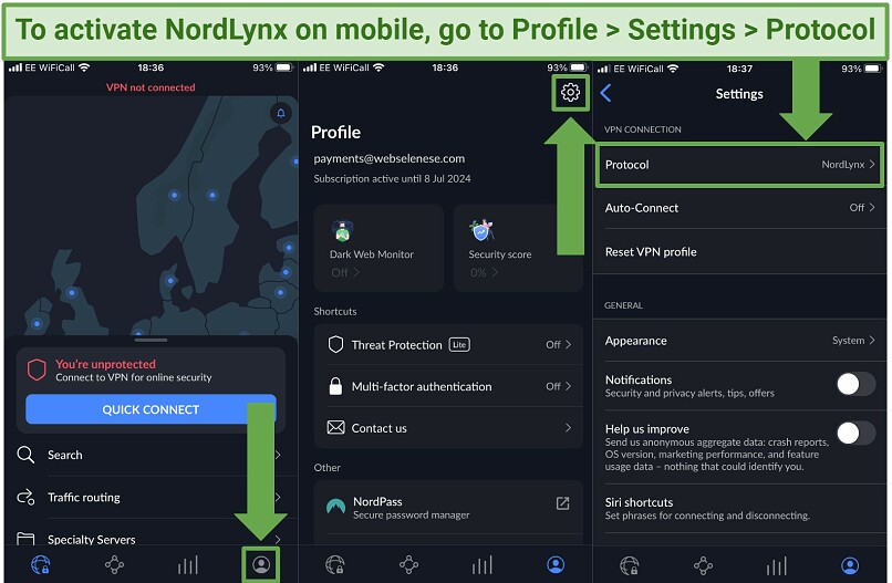 Screenshot showing how to activate the proprietary NordLynx protocol on mobile devices