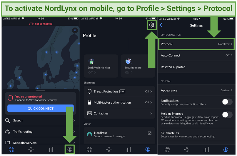 Screenshot showing how to activate the proprietary NordLynx protocol on mobile devices