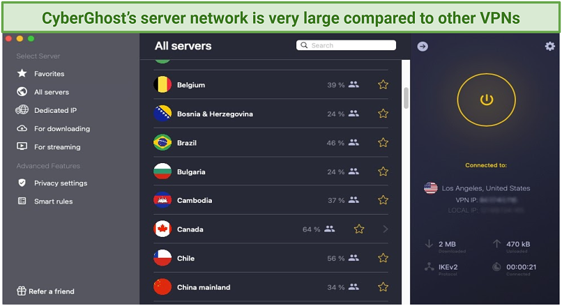 Graphic showing CyberGhost's servers on its macOS app