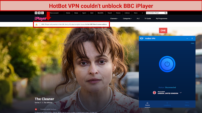 Screenshot of BBC iPlayer detecting I'm not in the UK despite using a HotBot VPN