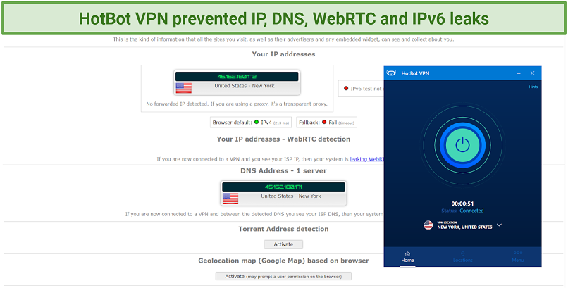 Screenshot of HotBot VPN's IP and DNS leak test