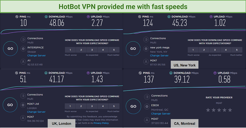 Screenshot of HotBot VPN's speed tests on its US, UK, and Canadian servers