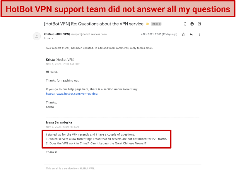 Screenshot of HotBot VPN's support team response