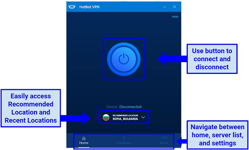 Screenshot of HotBot VPN's Recommended Location feature