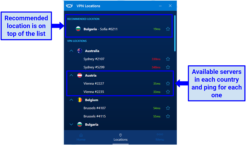 screenshot of HotBot VPN's server list