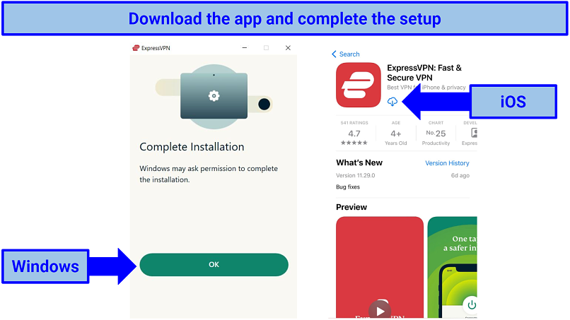 screenshot of ExpressVPN's Windows and iOS apps