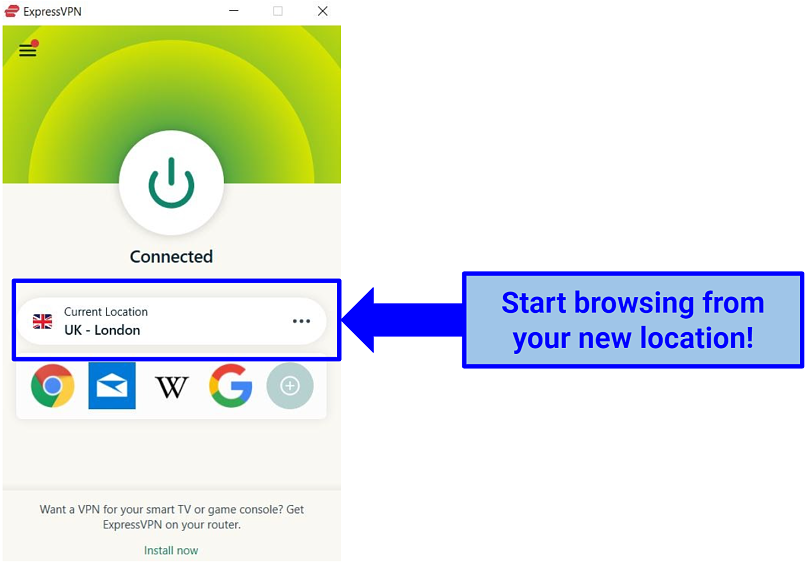 Screenshot of ExpressVPN connected