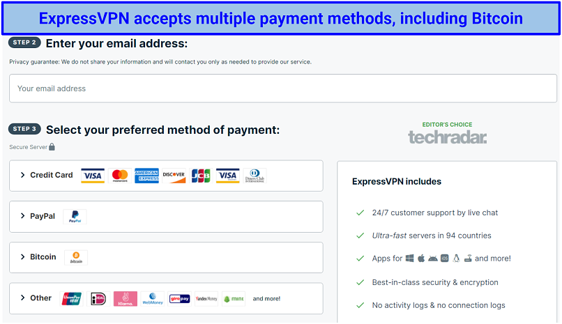 screenshot of ExpressVPN's payment and signup page