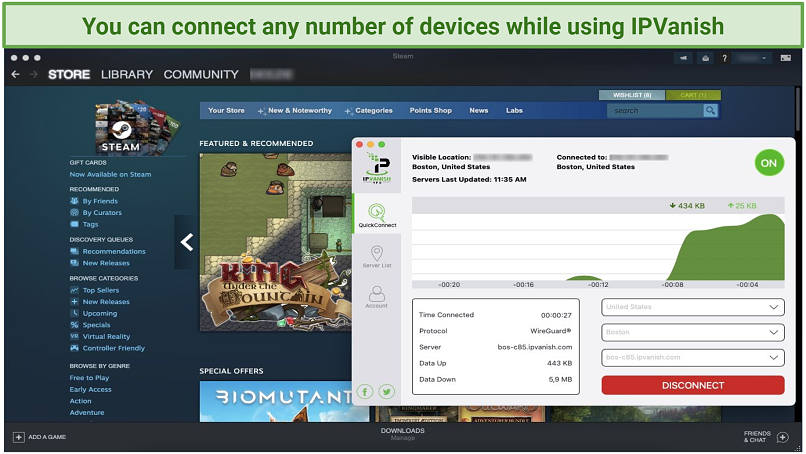 Graphic showing IPVanish with Steam