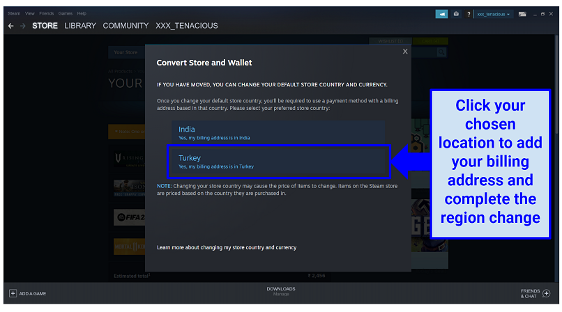 A screenshot showing that the user can click on their chosen location to input their billing address and change their region on Steam