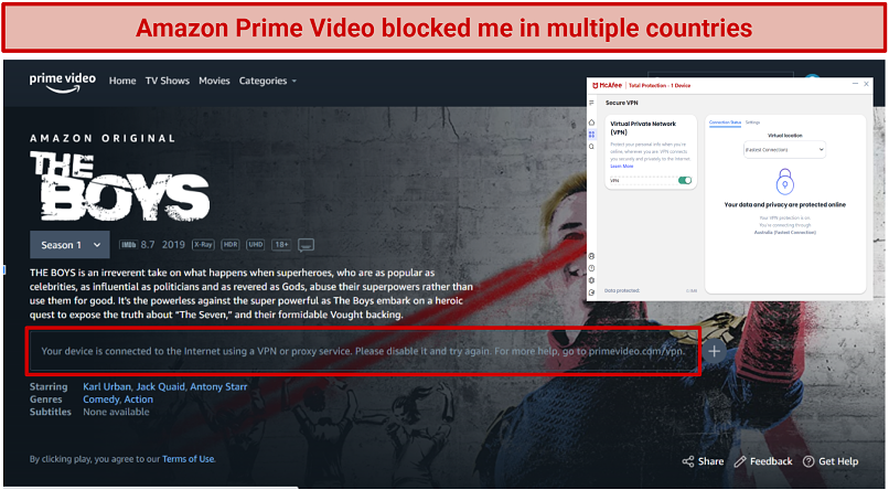 Graphic showing McAfee Total Protection VPN not streaming Amazon Prime Video