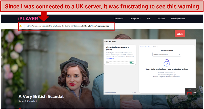 Graphic showing McAfee Total Protection VPN not streaming BBC iPlayer