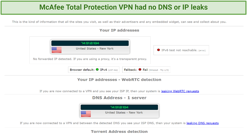 graphic showing McAfee Total Protection VPN DNS leak test results