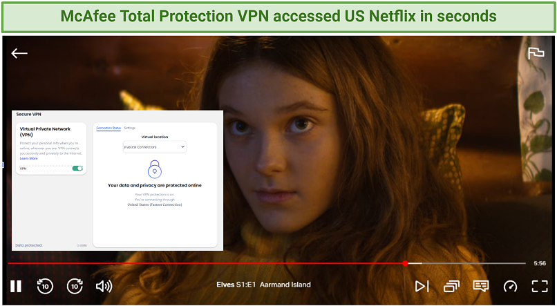 Graphic showing McAfee Total Protection unblocking US Netflix