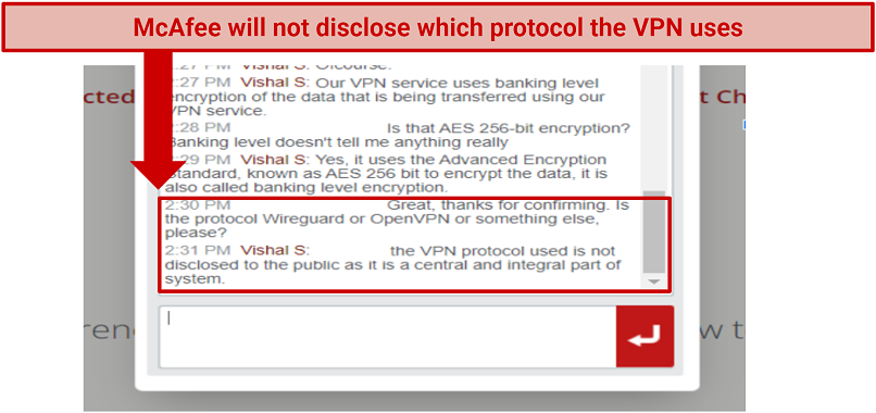 Graphic showing McAfee's customer service failing to answer what protocol the VPN uses