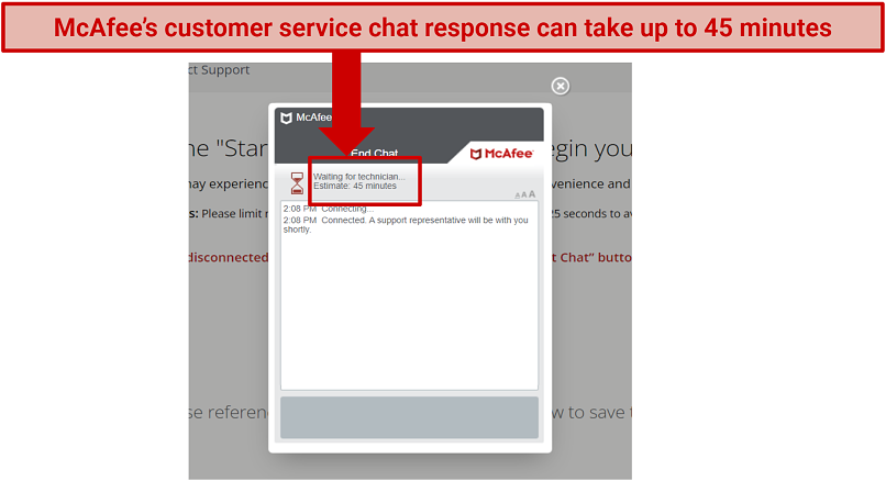Graphic showing McAfee's customer chat wait time