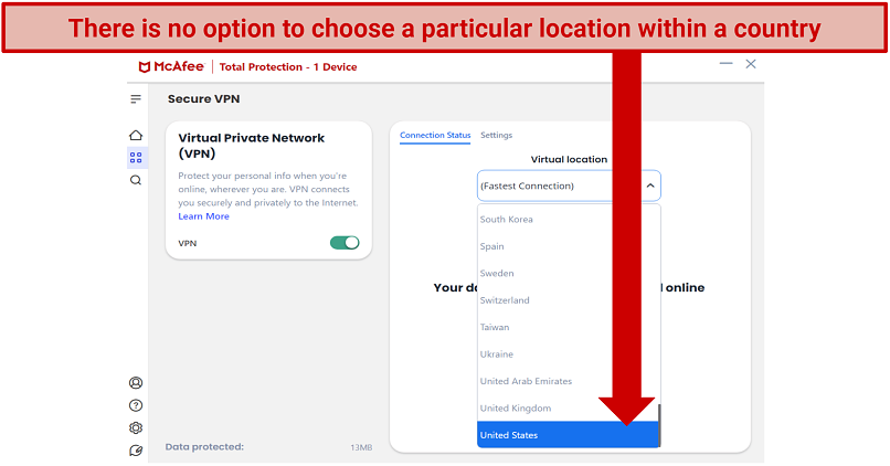 Graphic showing McAfee's VPN country dropdown