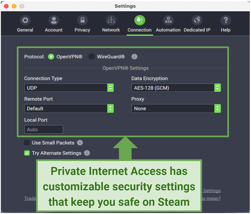 Graphic showing PIA's security features on its macOS app