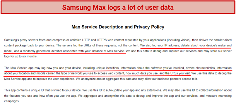 Graphic showing Samsung Max privacy policy