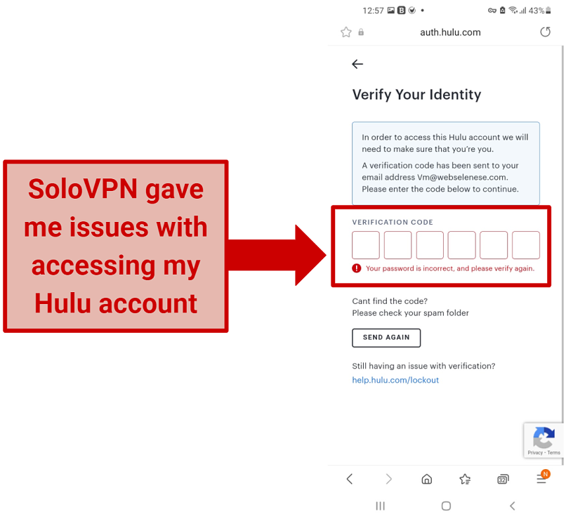 Screenshot showing that SoloVPN can't unblock Hulu because it causes account verification problems
