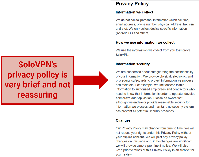 A screenshot of SoloVPN's brief privacy policy