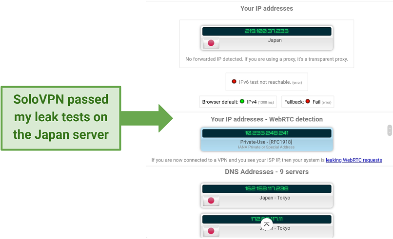 Results from leak tests on SoloVPN, 2 screenshots showing that the proxy passed leak tests