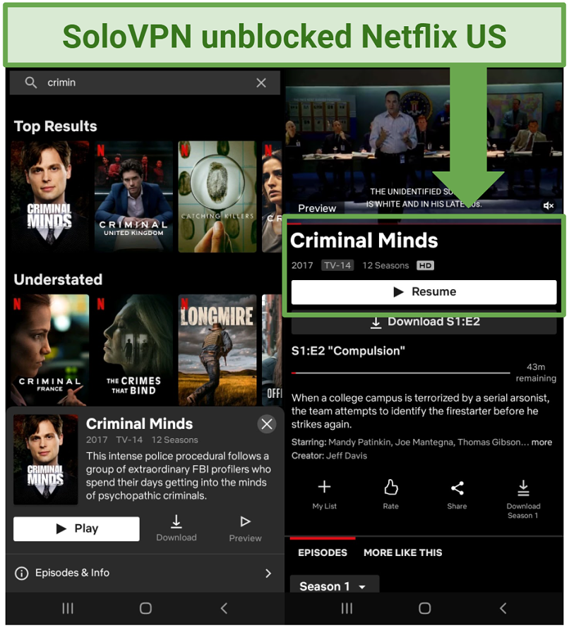 A screenshot of SoloVPN unblocking Criminal Minds on Netflix US
