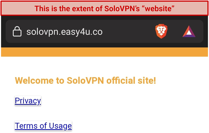A screenshot of SoloVPN's very sparse website