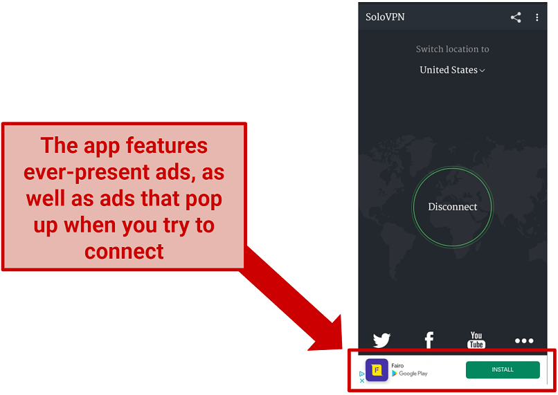 A screenshot of SoloVPN's app interface with ads