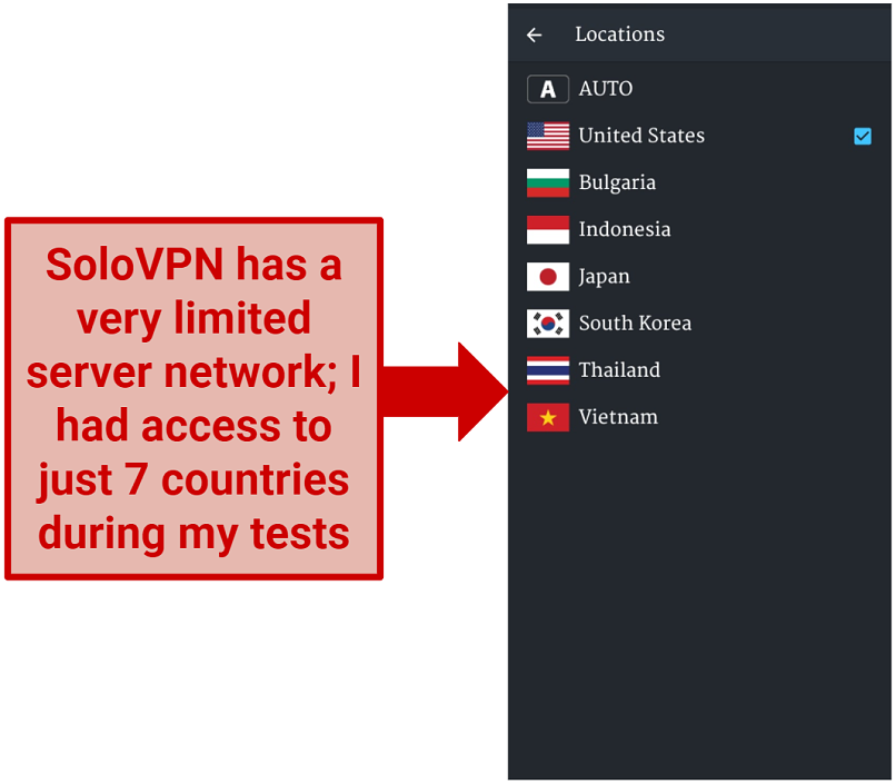 A screenshot of the server list in SoloVPN's app