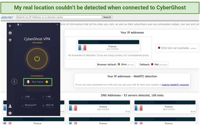 Screenshot of my IP/DNS leak tests when connected to CyberGhost's Paris server