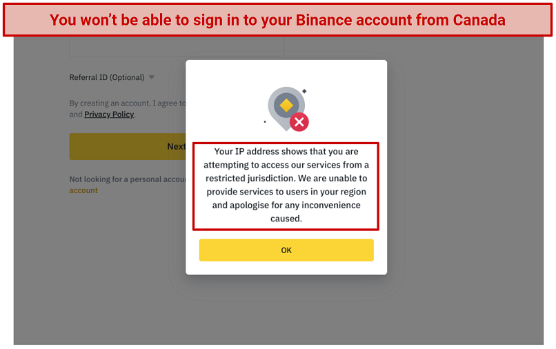 Screenshot of Binance error message Canadian users will see