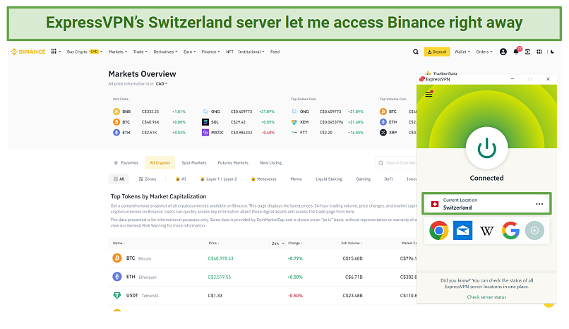 Screenshot of ExpressVPN's Switzerland server accessing Binance
