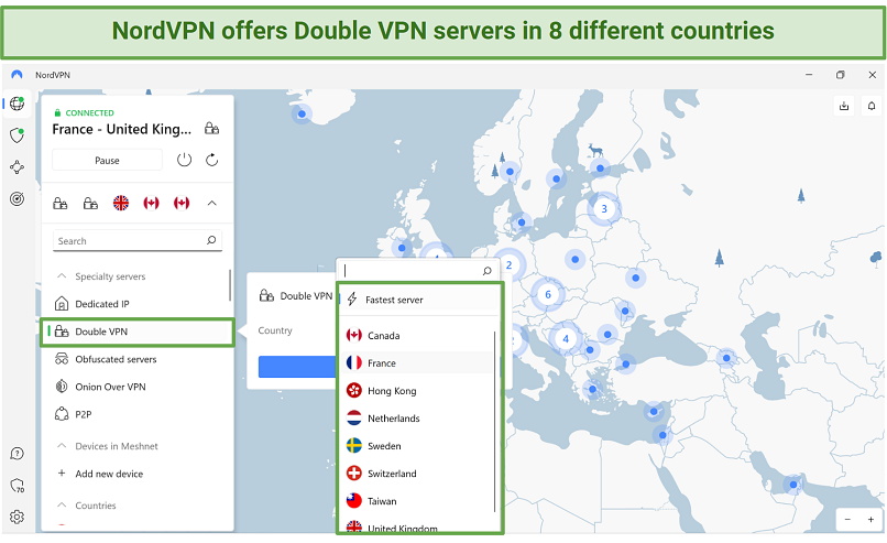 Screenshot of NordVPN's app interface showing the Double VPN servers