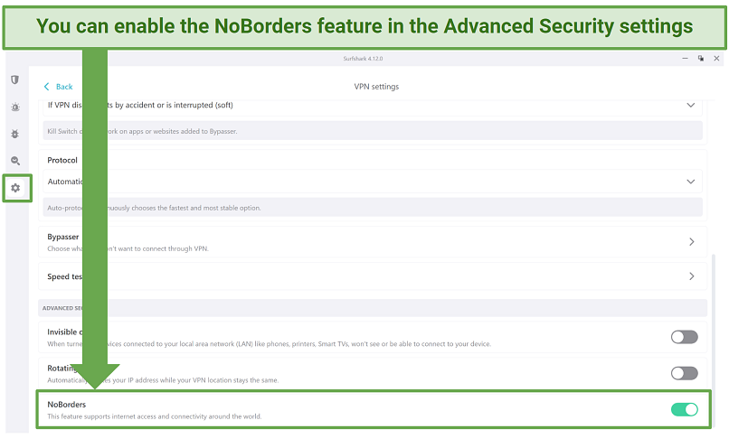 Screenshot of Surfshark's security settings highlighting the NoBorders feature