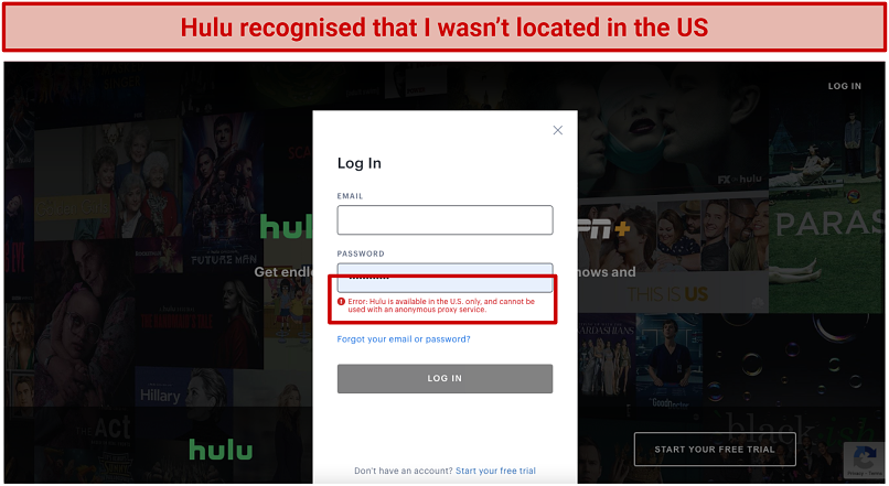 Graphic showing Hulu blocking access to VPN Nederland