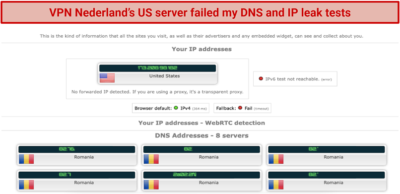 Graphic showing VPN Nederlands failing a DNS and IP leak test