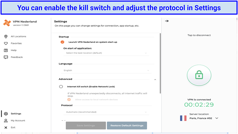 screenshot of VPN Nederland's app showcasing the kill switch