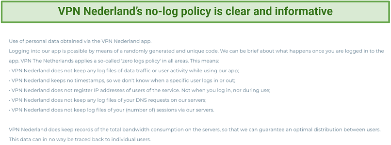Graphic showing VPN Nederland's no-log policy