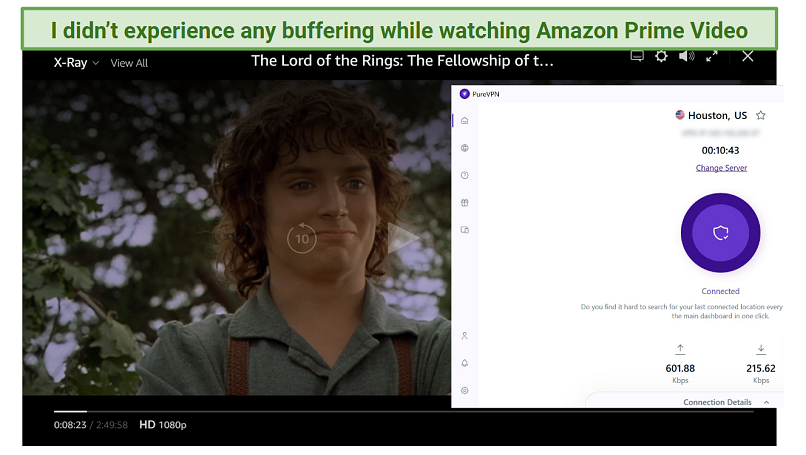 Screenshot of Amazon Prime Video player streaming Lord of the Rings while connected to PureVPN 